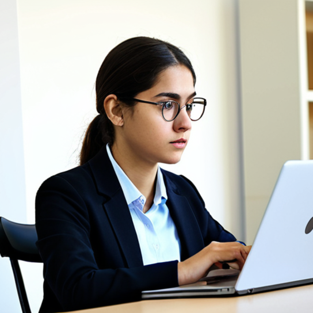 A focused, professional female physiotherapy student, fully clothed in a modest, smart casual outfit, sitting at a clean, contemporary desk in a well-lit university study hall. She is deeply engrossed in reading research articles on a laptop, surrounded by neatly stacked academic books and scientific journals. Her expression is contemplative and intellectual, reflecting critical thinking and the pursuit of methodological rigor in her final thesis. The scene highlights her scientific awakening and dedication to evidence-based practice. Safe for work, appropriate content, fully clothed, professional dress, perfect anatomy, correct proportions, natural pose, well-formed hands, proper finger count, natural body proportions, high quality photography, sharp focus.