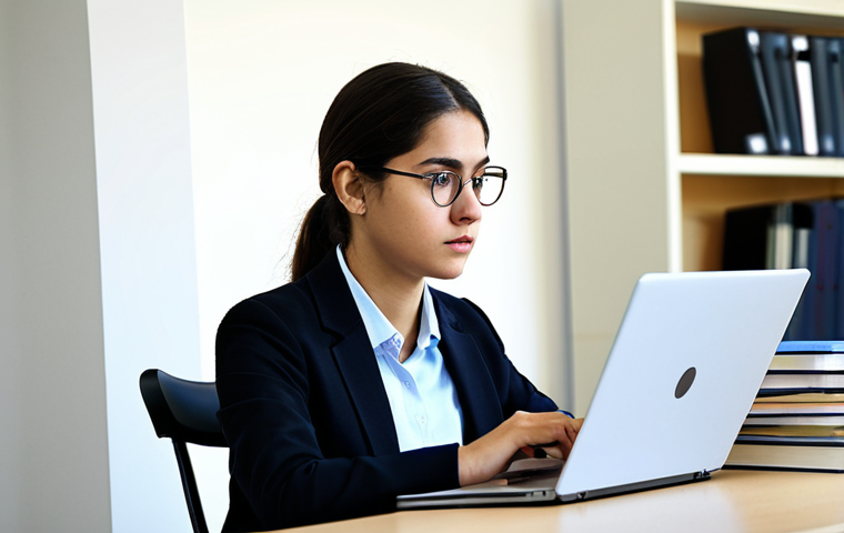 A focused, professional female physiotherapy student, fully clothed in a modest, smart casual outfit, sitting at a clean, contemporary desk in a well-lit university study hall. She is deeply engrossed in reading research articles on a laptop, surrounded by neatly stacked academic books and scientific journals. Her expression is contemplative and intellectual, reflecting critical thinking and the pursuit of methodological rigor in her final thesis. The scene highlights her scientific awakening and dedication to evidence-based practice. Safe for work, appropriate content, fully clothed, professional dress, perfect anatomy, correct proportions, natural pose, well-formed hands, proper finger count, natural body proportions, high quality photography, sharp focus.