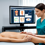 A professional female physical therapist in a modest scrub uniform, attentively observing an adult male patient performing a gentle rehabilitation exercise. The patient is fully clothed in comfortable athletic wear, moving naturally. In the foreground, a large, sleek monitor displays a vibrant, high-resolution 3D anatomical model of the patient with real-time motion tracking data, generated by AI. Subtle sensors are visible on the patient's limbs. The scene is set in a bright, modern rehabilitation clinic with professional exercise equipment in the background. Professional photography, sharp focus, natural colors, high detail, perfect anatomy, correct proportions, natural pose, well-formed hands, proper finger count, natural body proportions, fully clothed, modest clothing, appropriate attire, professional dress, safe for work, appropriate content, professional.