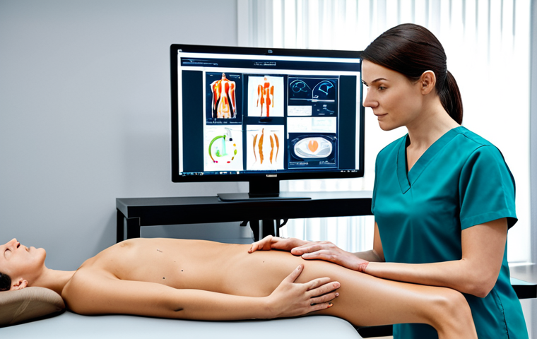 A professional female physical therapist in a modest scrub uniform, attentively observing an adult male patient performing a gentle rehabilitation exercise. The patient is fully clothed in comfortable athletic wear, moving naturally. In the foreground, a large, sleek monitor displays a vibrant, high-resolution 3D anatomical model of the patient with real-time motion tracking data, generated by AI. Subtle sensors are visible on the patient's limbs. The scene is set in a bright, modern rehabilitation clinic with professional exercise equipment in the background. Professional photography, sharp focus, natural colors, high detail, perfect anatomy, correct proportions, natural pose, well-formed hands, proper finger count, natural body proportions, fully clothed, modest clothing, appropriate attire, professional dress, safe for work, appropriate content, professional.