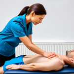 A professional female physiotherapist, fully clothed in a modest clinic uniform, performing a detailed manual assessment on a male patient's upper back. The patient is fully clothed in appropriate, comfortable athletic wear, lying face down on a treatment table in a clean, modern physiotherapy clinic. The physiotherapist's hands are gently yet expertly palpating the patient's muscles, demonstrating a deep understanding of human anatomy and the art of diagnosis by touch. The atmosphere is professional and calm. Perfect anatomy, correct proportions, natural pose, well-formed hands, proper finger count, natural body proportions, professional photography, high resolution, detailed, realistic, safe for work, appropriate content, fully clothed, professional, family-friendly.