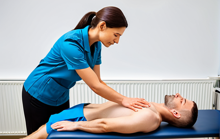 A professional female physiotherapist, fully clothed in a modest clinic uniform, performing a detailed manual assessment on a male patient's upper back. The patient is fully clothed in appropriate, comfortable athletic wear, lying face down on a treatment table in a clean, modern physiotherapy clinic. The physiotherapist's hands are gently yet expertly palpating the patient's muscles, demonstrating a deep understanding of human anatomy and the art of diagnosis by touch. The atmosphere is professional and calm. Perfect anatomy, correct proportions, natural pose, well-formed hands, proper finger count, natural body proportions, professional photography, high resolution, detailed, realistic, safe for work, appropriate content, fully clothed, professional, family-friendly.