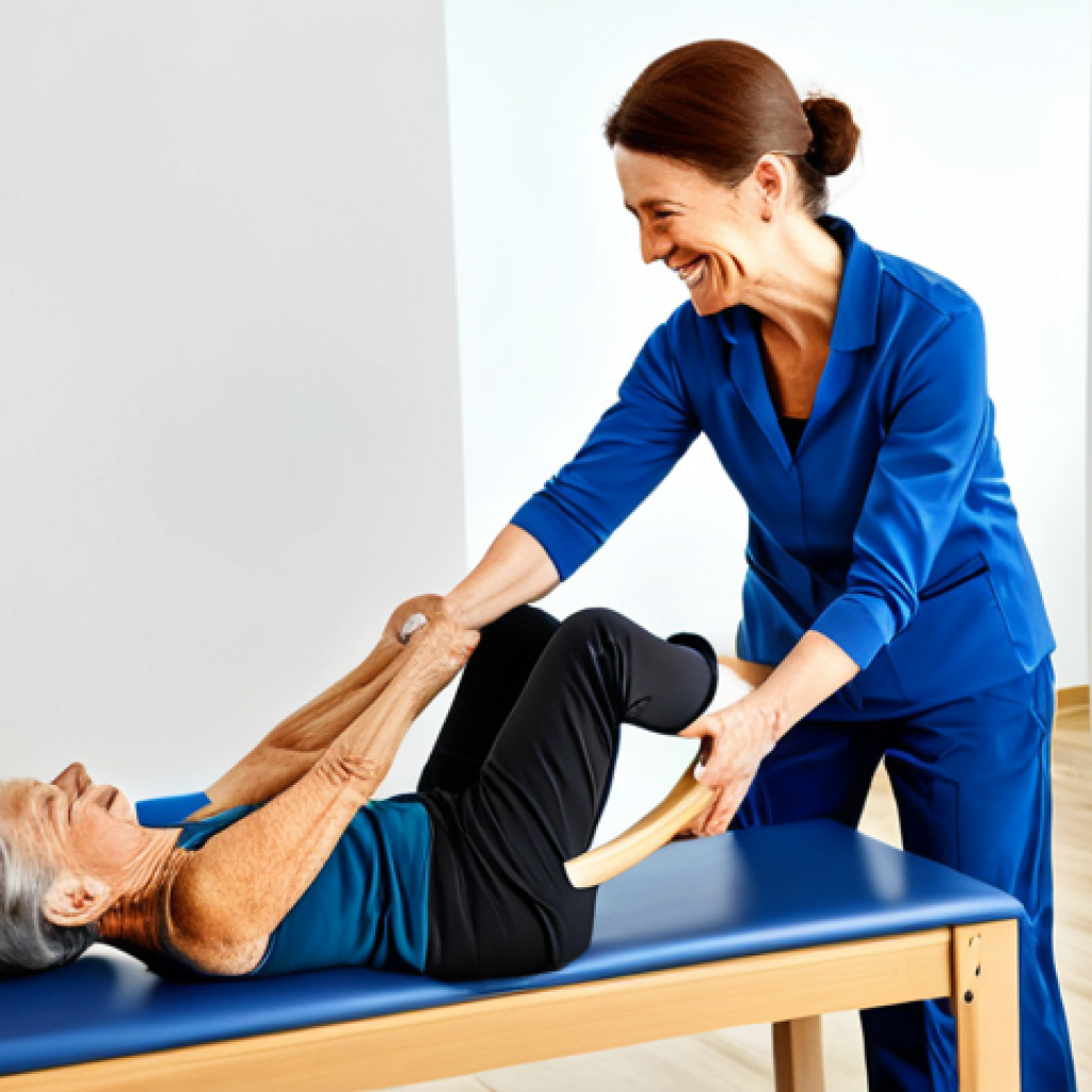 **
A physiotherapist, fully clothed in professional attire, demonstrating a low-impact exercise to a senior woman. The setting is a bright, well-equipped physiotherapy clinic. The senior woman is smiling, engaged, and properly executing the exercise. Perfect anatomy, natural proportions, safe for work, appropriate content, family-friendly.
**