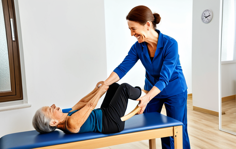 **

A physiotherapist, fully clothed in professional attire, demonstrating a low-impact exercise to a senior woman. The setting is a bright, well-equipped physiotherapy clinic. The senior woman is smiling, engaged, and properly executing the exercise. Perfect anatomy, natural proportions, safe for work, appropriate content, family-friendly.

**