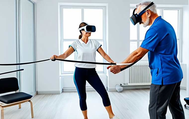 물리치료사의 최신 치료법 연구 - **
"A professional physiotherapist in a bright, modern clinic, demonstrating a balance exercise to ...