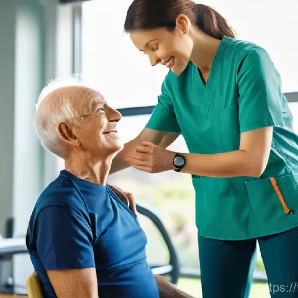 물리치료사의 자기소개서 작성법 - A compassionate and professional female physiotherapist, dressed in neat, modern scrubs, gently guid...