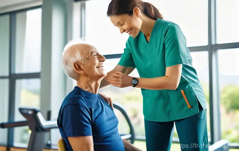 물리치료사의 자기소개서 작성법 - A compassionate and professional female physiotherapist, dressed in neat, modern scrubs, gently guid...