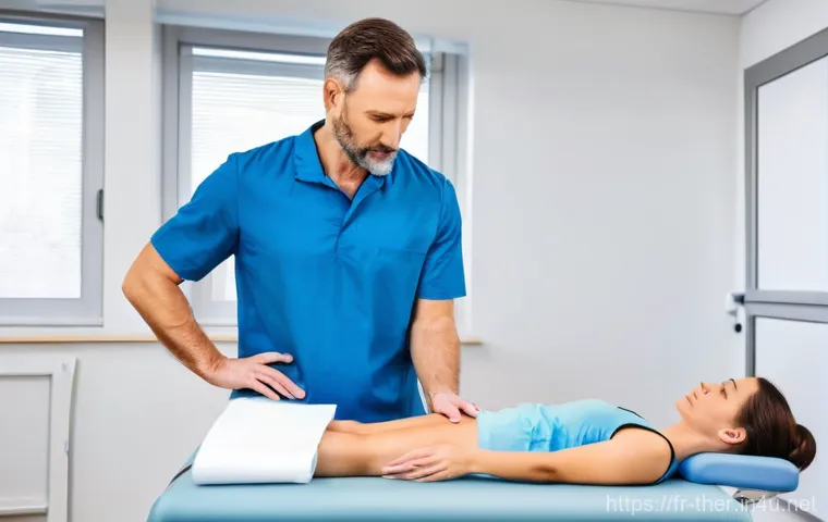 물리치료사가 꼭 알아야 할 법률 - **"Professional Secret and Trust":** A warm, well-lit physiotherapy consultation room with a contemp...
