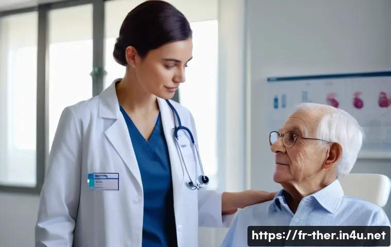 물리치료사 취업 후 첫 1년 - A professional physiotherapist in a modern French hospital setting, wearing a clean white medical co...