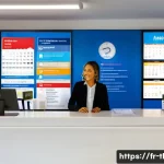 물리치료사가 알아야 할 보험 청구 - A professional physiotherapy clinic reception area in France, featuring a friendly receptionist assi...