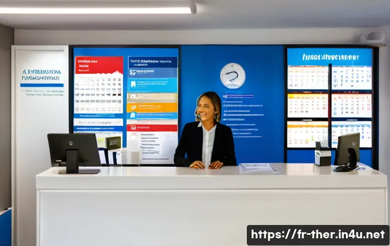 물리치료사가 알아야 할 보험 청구 - A professional physiotherapy clinic reception area in France, featuring a friendly receptionist assi...