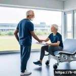 물리치료사의 임상 기술 시연 - A professional physiotherapist attentively observing a middle-aged French patient walking in a brigh...
