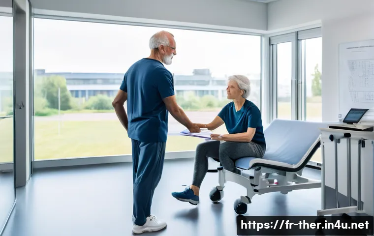 물리치료사의 임상 기술 시연 - A professional physiotherapist attentively observing a middle-aged French patient walking in a brigh...