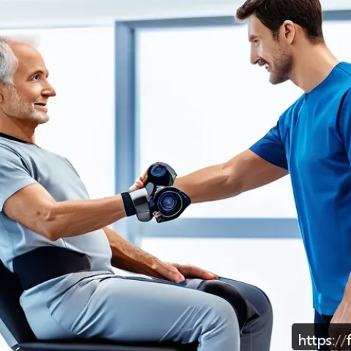 물리치료사 해외 학술 대회 - A futuristic physical therapy clinic scene featuring an adaptive rehabilitation robot assisting a mi...