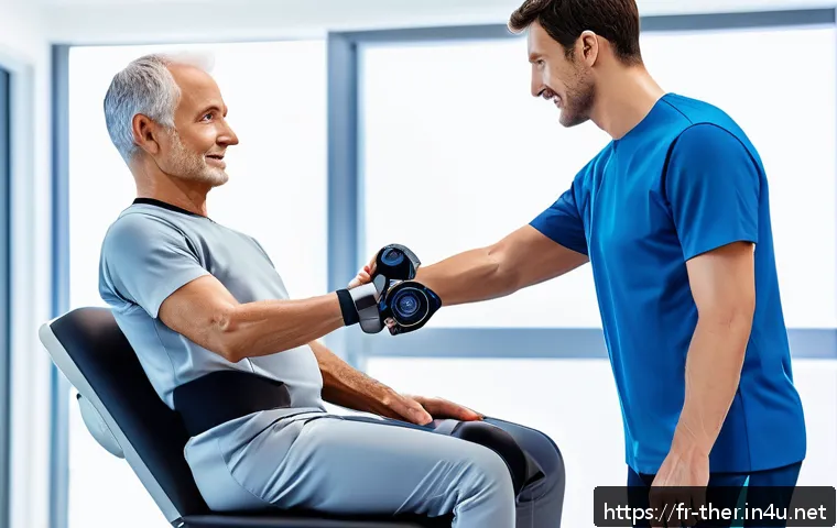 물리치료사 해외 학술 대회 - A futuristic physical therapy clinic scene featuring an adaptive rehabilitation robot assisting a mi...