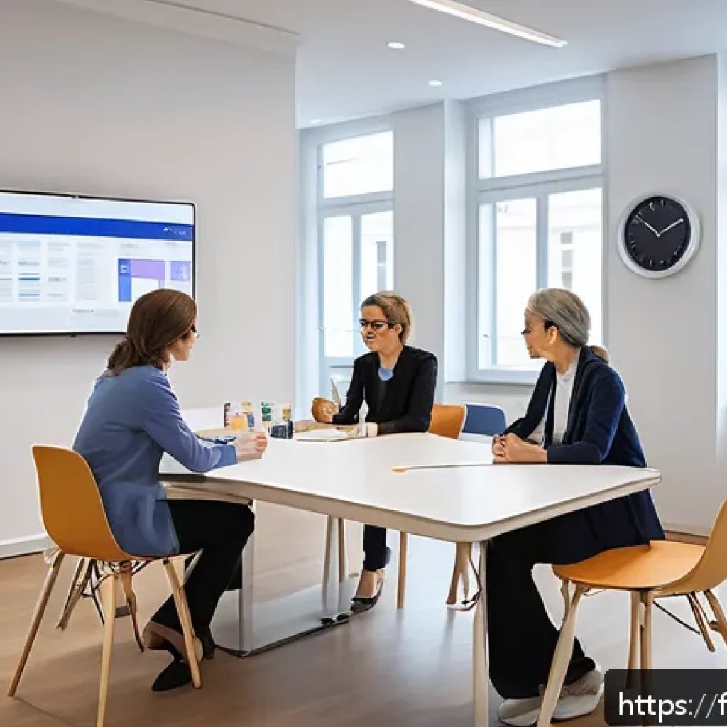 물리치료사의 팀 협업 사례 - A bright, modern interdisciplinary healthcare meeting room in a French clinic, featuring a diverse g...