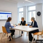 물리치료사의 팀 협업 사례 - A bright, modern interdisciplinary healthcare meeting room in a French clinic, featuring a diverse g...