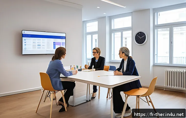 물리치료사의 팀 협업 사례 - A bright, modern interdisciplinary healthcare meeting room in a French clinic, featuring a diverse g...